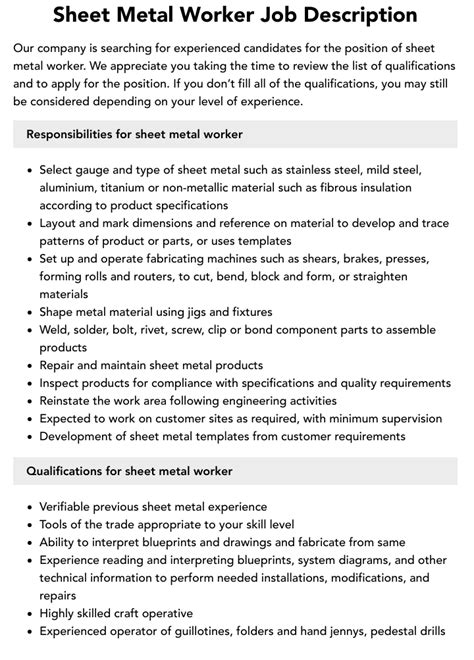 sheet metal assembler job description|sheet metal worker responsibilities.